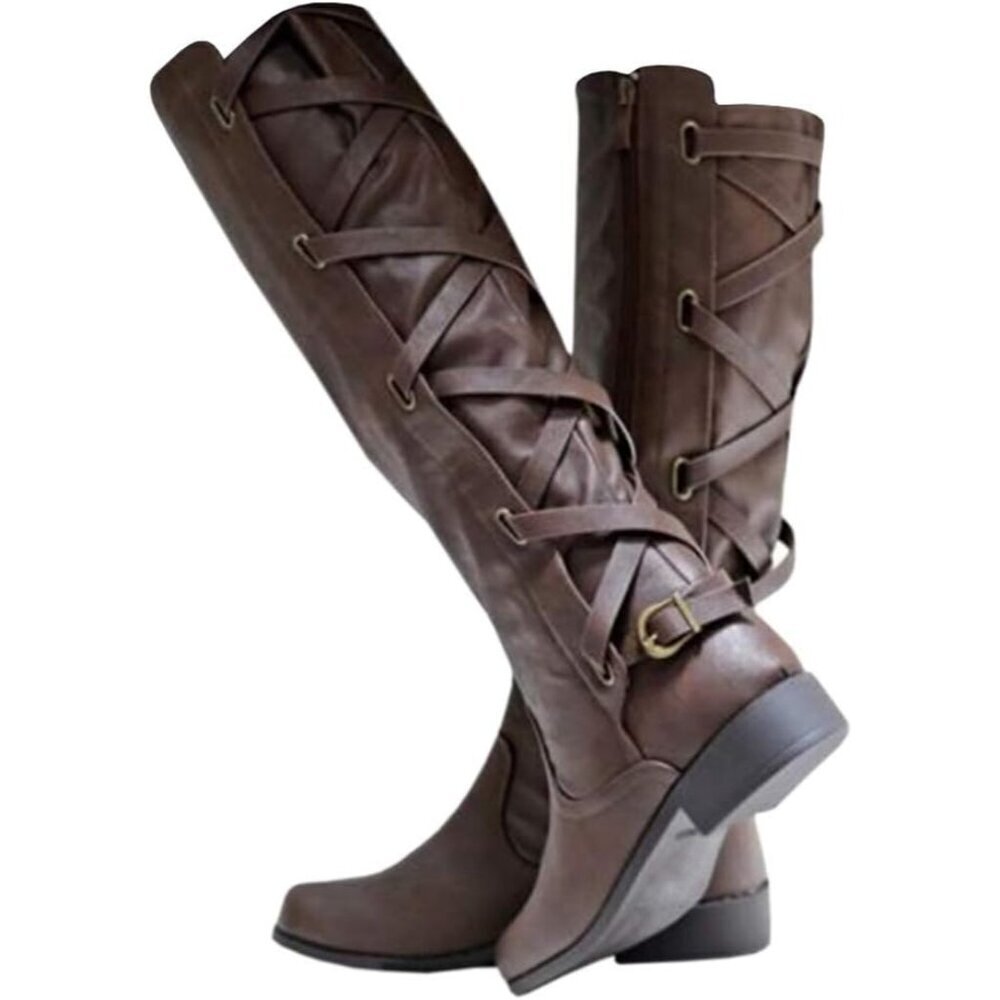 🆕Women Faux Leather Dark Brown Strappy Motorcycle Knee High Riding Lace Up Boot